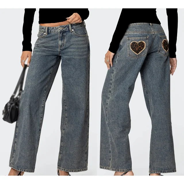 Low - Waist Leopard - Print Pocket Wide - Leg Jeans Detail