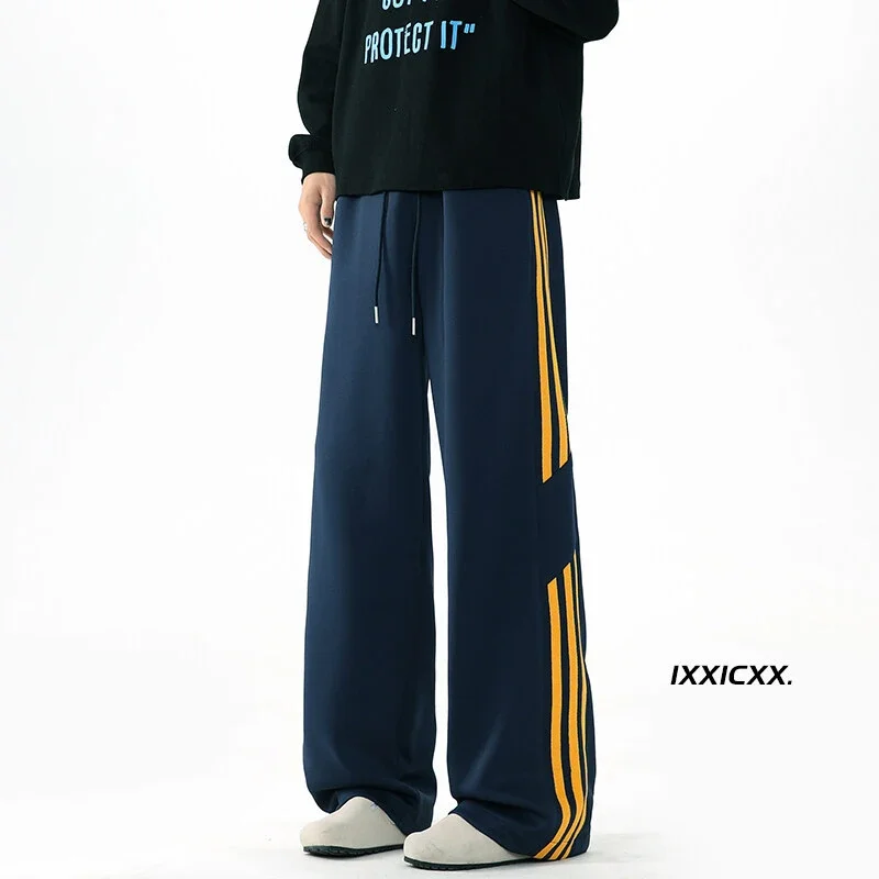 2025 Spring New US High Street Striped Patchwork Sweatpants for Men (Large Size, Wide-Leg, Loose & Casual Sportswear)