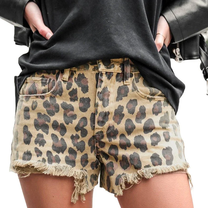 Summer Retro Leopard Denim Shorts for Women