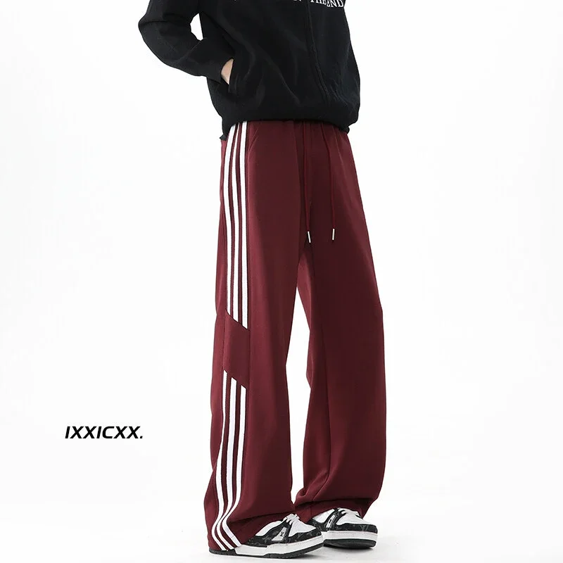 2025 Spring New US High Street Striped Patchwork Sweatpants for Men (Large Size, Wide-Leg, Loose & Casual Sportswear)