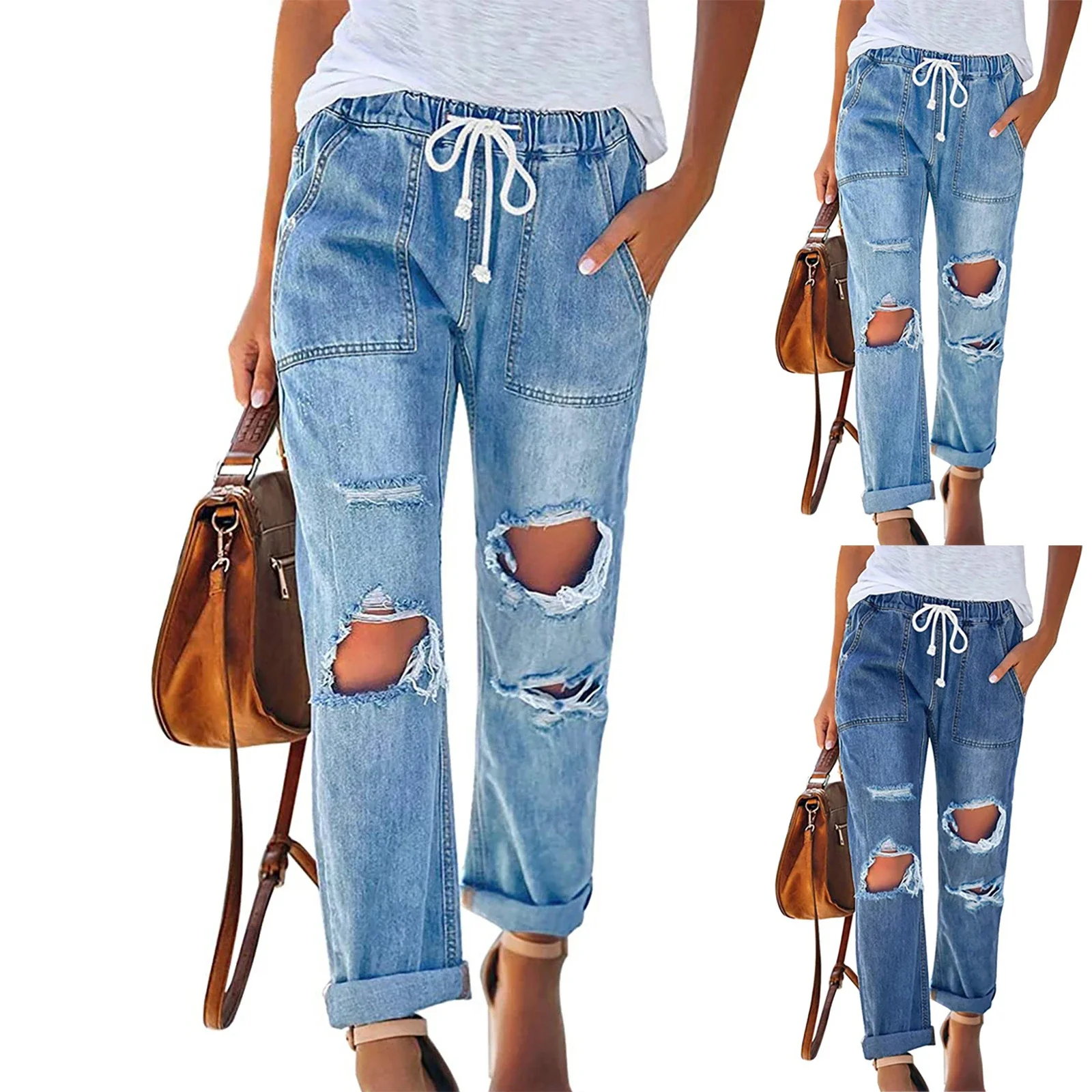 Women's Classic Elastic Drawstring Ripped Jeans
