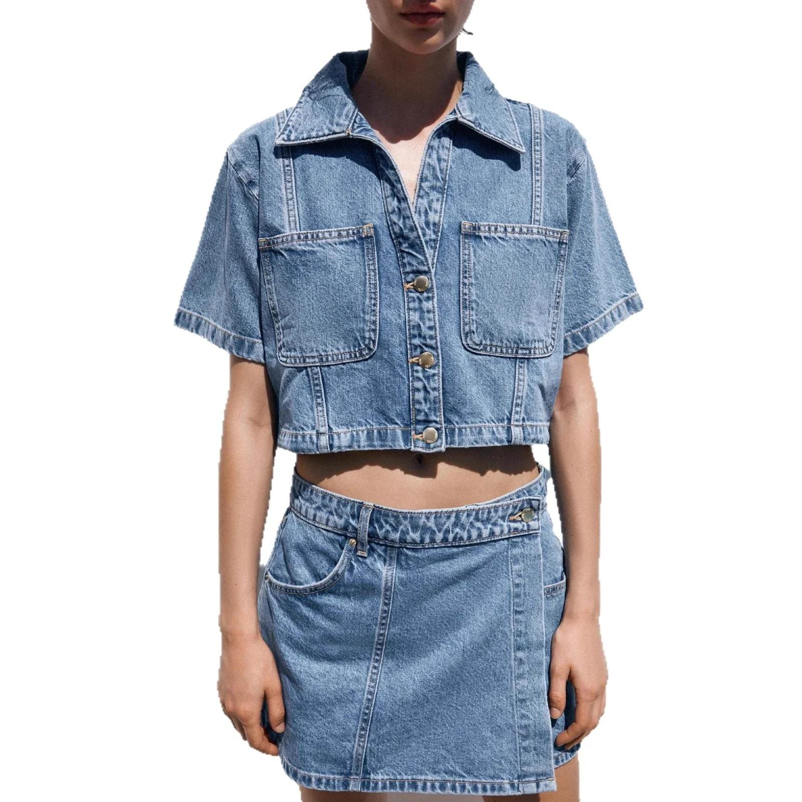 European and American Denim Shirt & Skirt/Pants Set