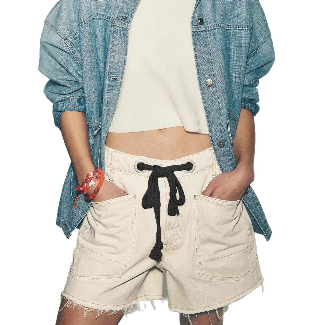 European and American Casual Drawstring Denim Shorts for Women