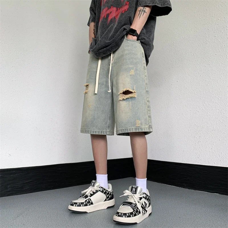 Men's Yellowish - Brown Ripped Denim Shorts