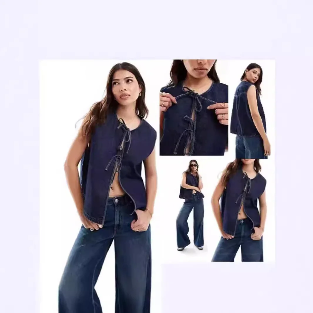Amazon Denim Sleeveless Vest with Tie for Women