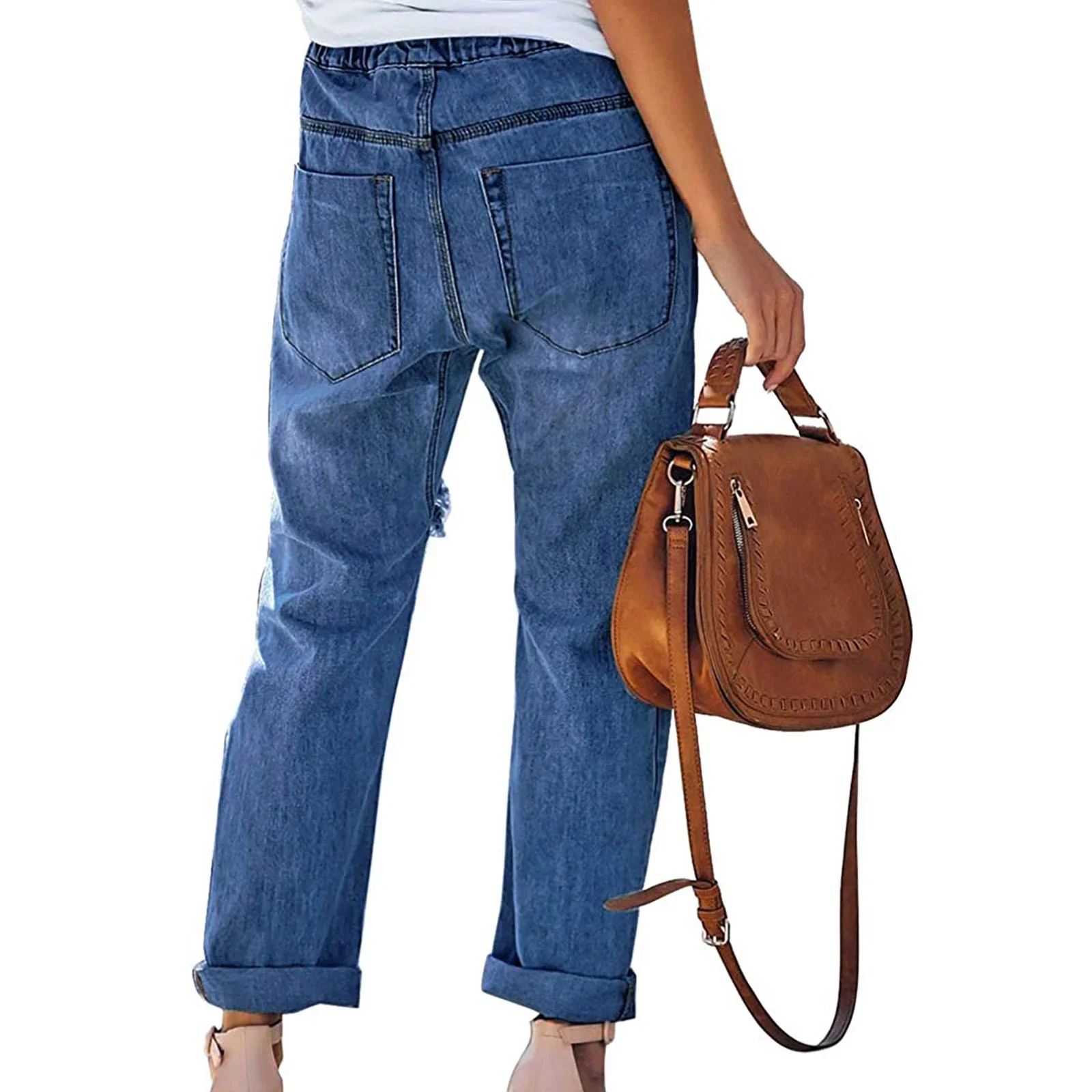 Women's Classic Elastic Drawstring Ripped Jeans