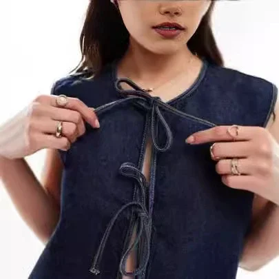 Amazon Denim Sleeveless Vest with Tie for Women