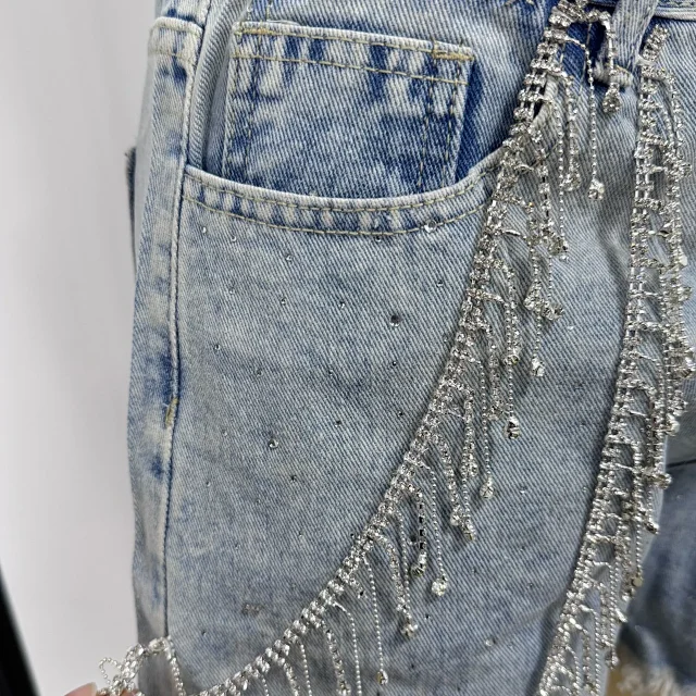 Sexy Fringe Rhinestone Chain Denim Shorts Detail