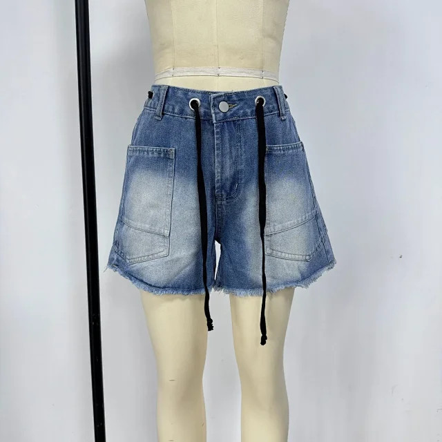 European and American Casual Drawstring Denim Shorts for Women Detail