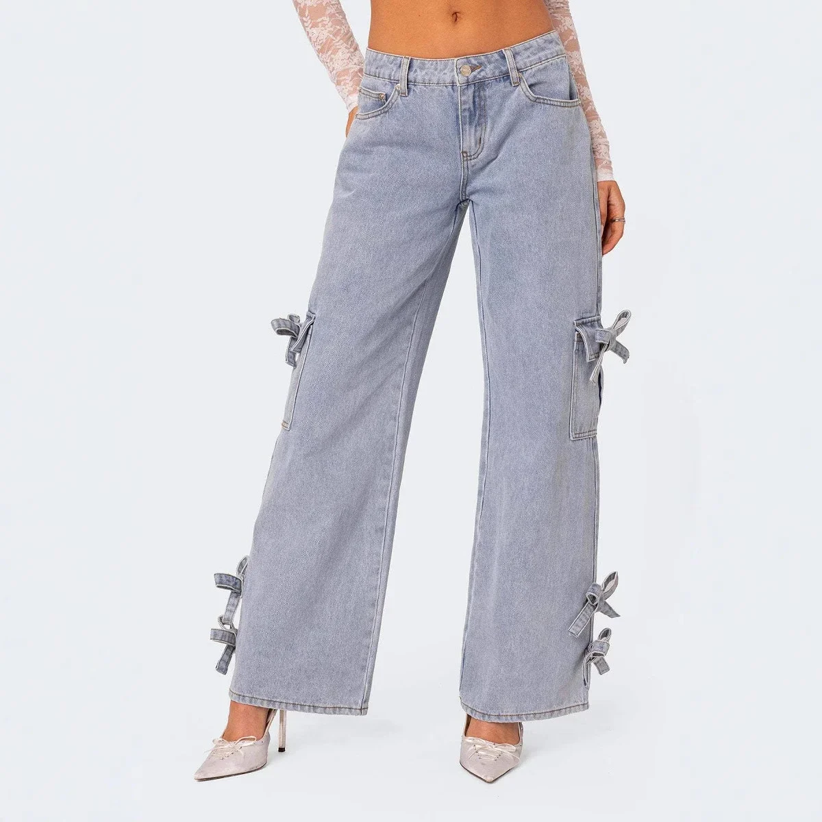 Retro Bow - Tie Mid - Rise Straight Pants