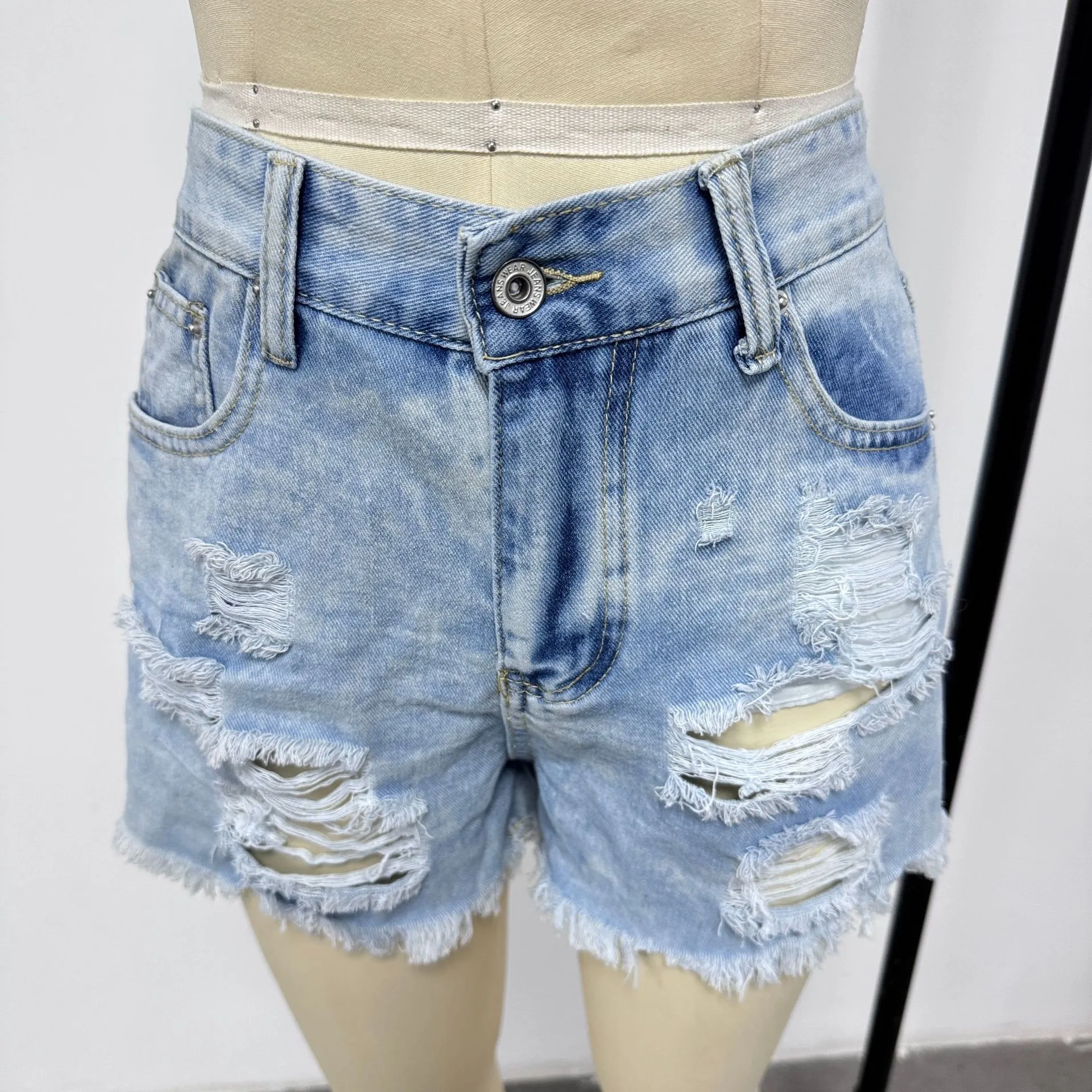 YI3016 High-waist Ripped Fringe Denim Shorts (Shipped)