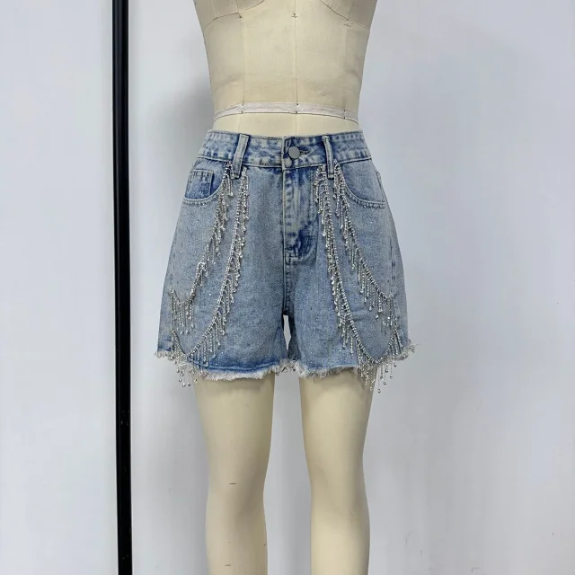 Sexy Fringe Rhinestone Chain Denim Shorts Detail