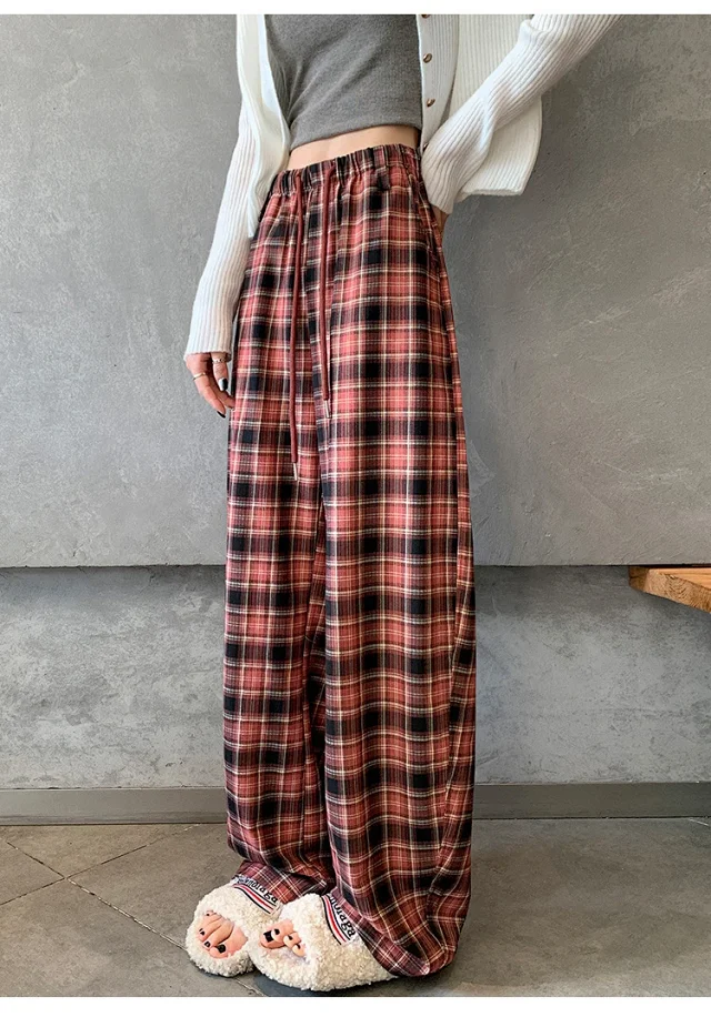 Women's 2025 Fall High-Waist Drawstring Plaid Pants Detail