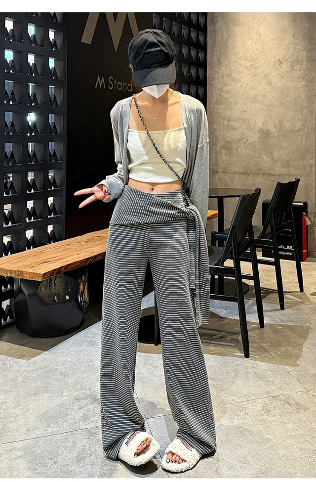 Women's 2025 Autumn Strap Striped Wide - leg Pants Detail