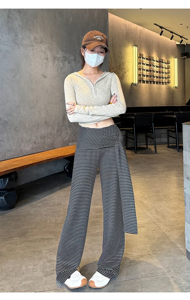 Women's 2025 Autumn Strap Striped Wide - leg Pants Detail