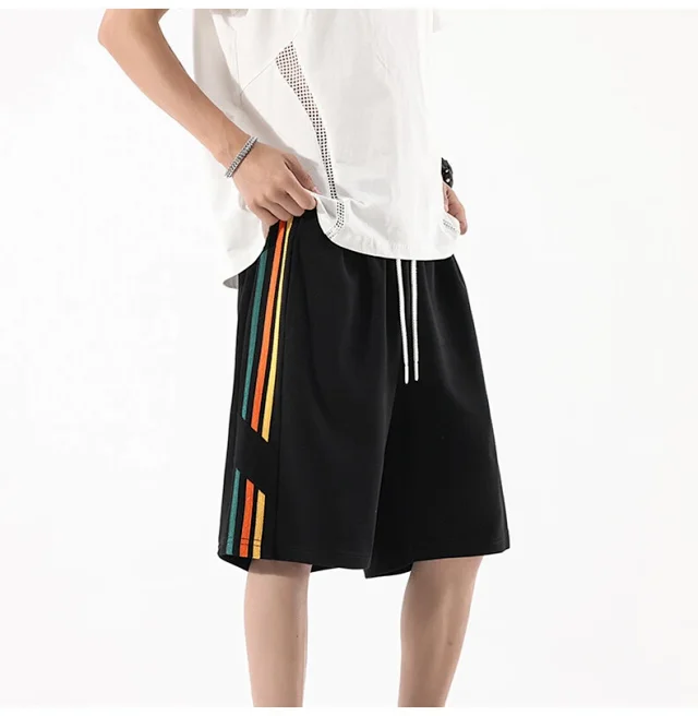 Men's Summer Sporty Basketball Shorts with Rainbow Stripe Detail