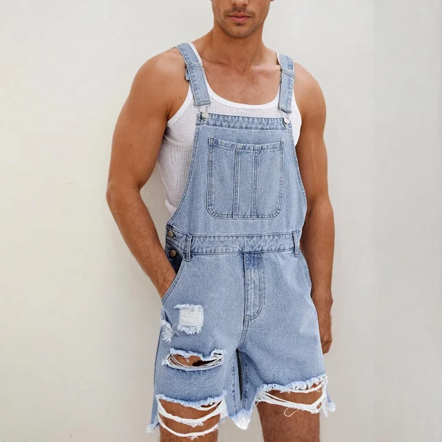 Men's Denim Suspender Shorts with Ripped Design Detail