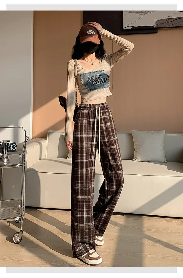 2025 Spring Maillard Plaid Wide-Leg Pants Detail