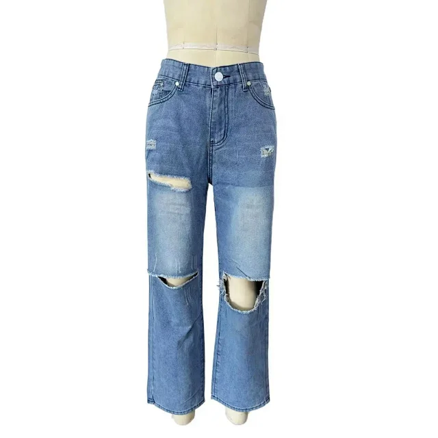 High-waisted Wide-leg Ripped Jeans for Women Detail
