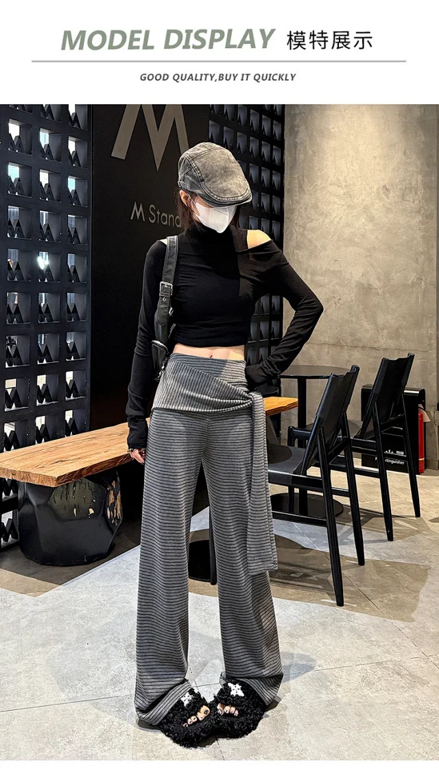 Women's 2025 Autumn Strap Striped Wide - leg Pants Detail