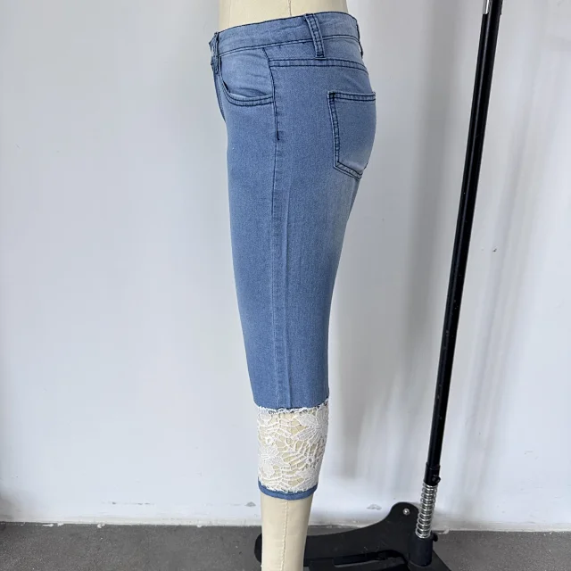 European & American Lace Hem Slim Fit Jeans Detail