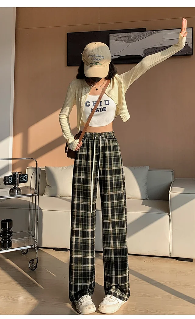 2025 Spring Maillard Plaid Wide-Leg Pants Detail
