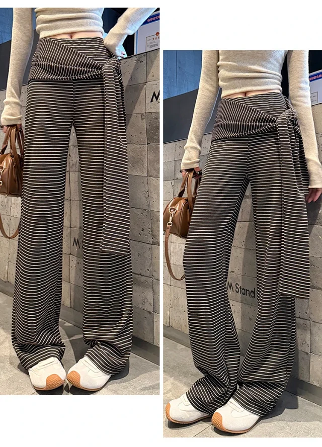 Women's 2025 Autumn Strap Striped Wide - leg Pants Detail