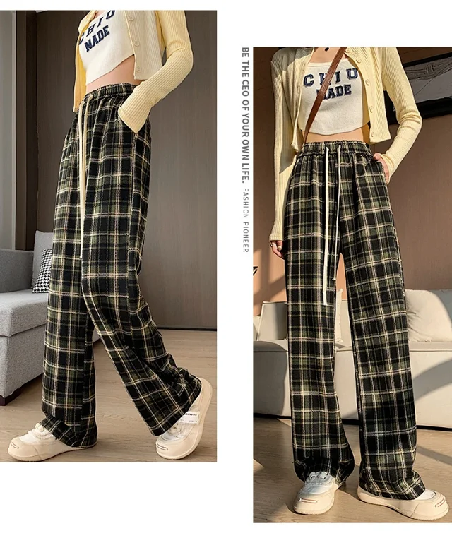 2025 Spring Maillard Plaid Wide-Leg Pants Detail