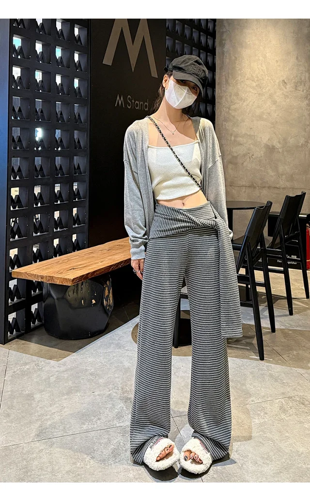 Women's 2025 Autumn Strap Striped Wide - leg Pants Detail
