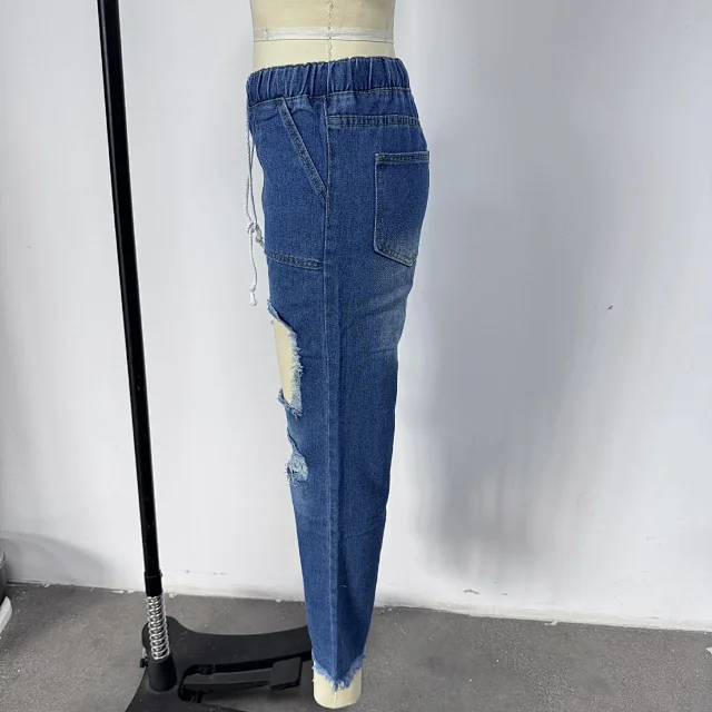 Women's Classic Elastic Drawstring Ripped Jeans Detail