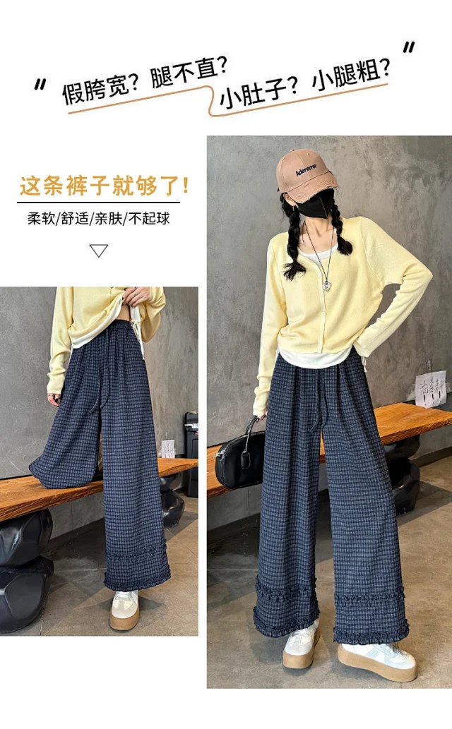 2025 Autumn Women's Ruffled Plaid Wide - leg Pants Detail
