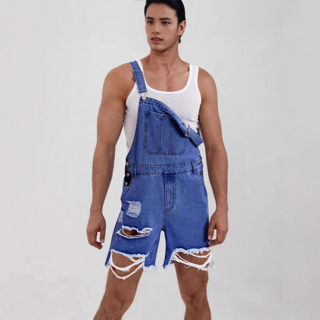 Men's Denim Suspender Shorts with Ripped Design