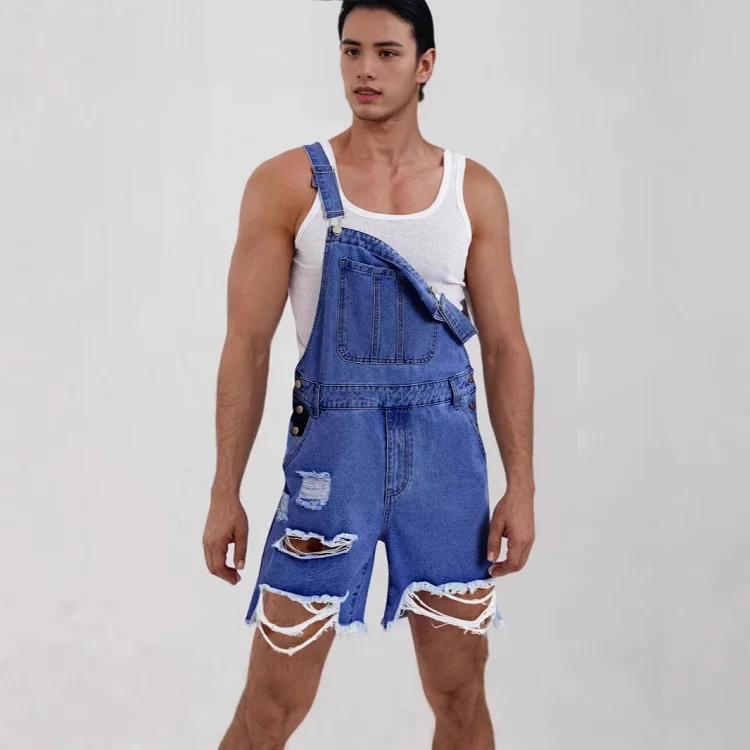 Men's Denim Suspender Shorts with Ripped Design