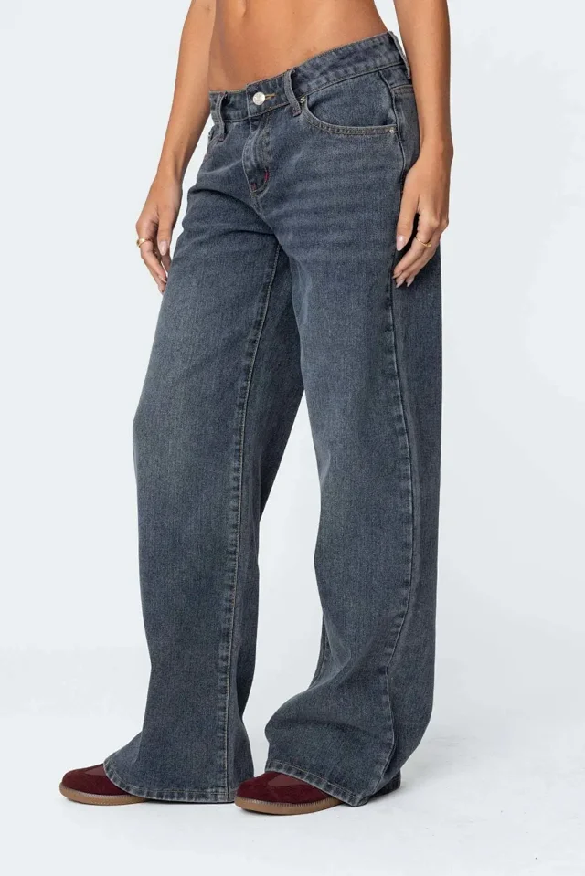Wide-Leg Low-Waist Retro Denim Pants for Women Detail