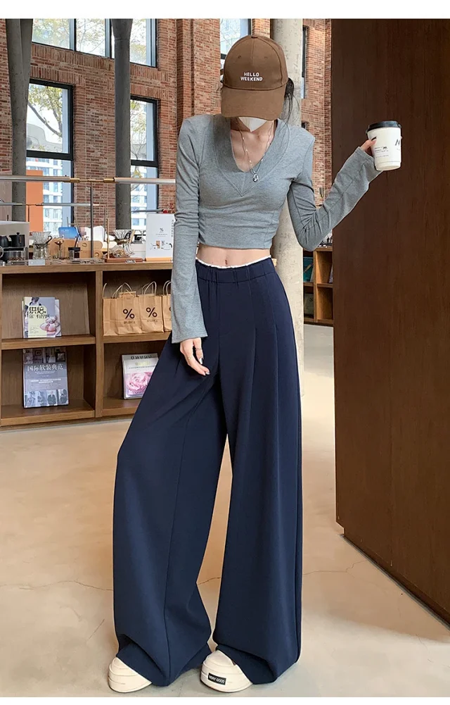 Navy Wide-Leg Pants for Women Detail