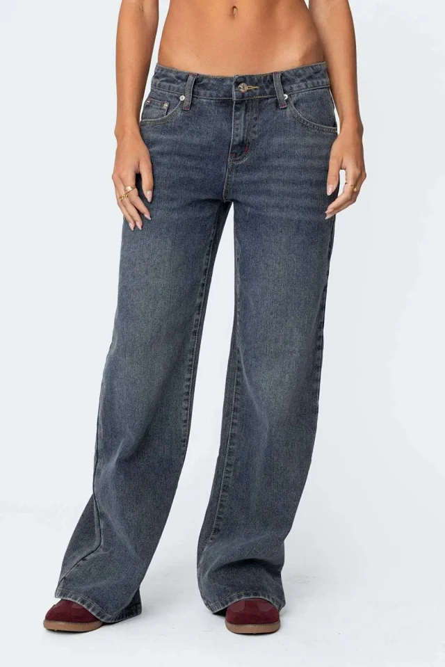 Wide-Leg Low-Waist Retro Denim Pants for Women Detail