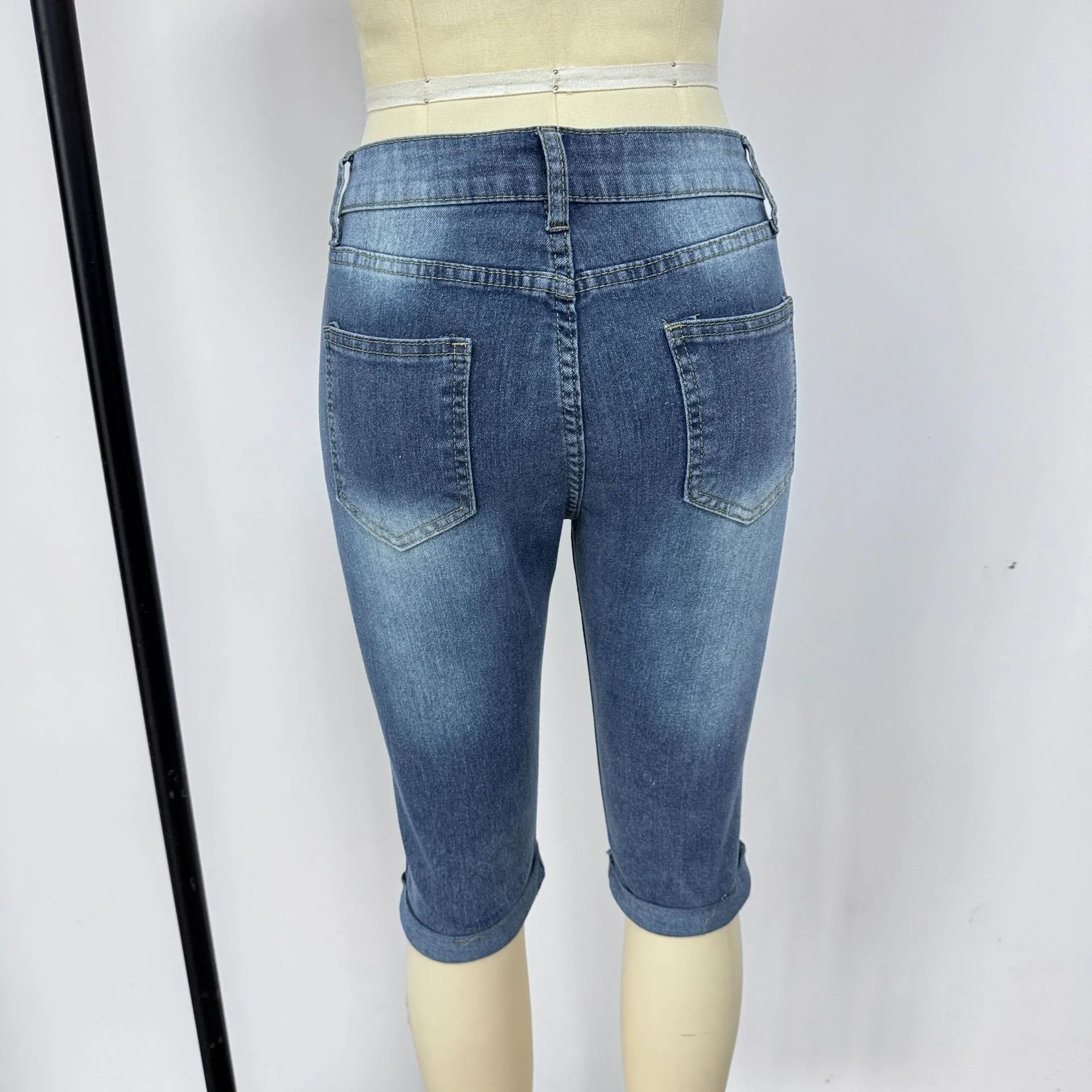 2025 Export-Sourced Slim-Fit Euro-American Hot Girl Jeans (Women's, 7/8 Length, Ripped)