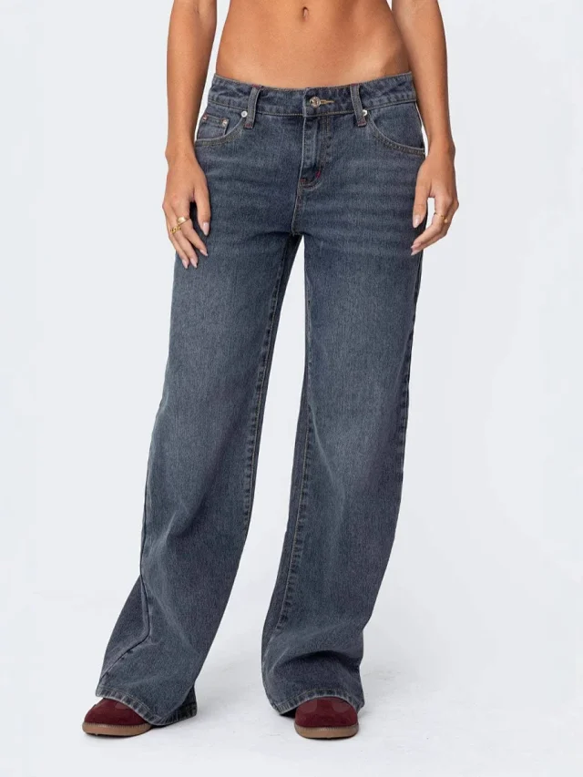 Wide-Leg Low-Waist Retro Denim Pants for Women Detail