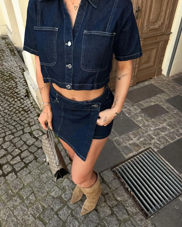 European and American Denim Shirt & Skirt/Pants Set Detail