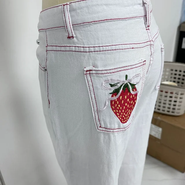 Early Fall White Jeans with Bow & Strawberry Patches Detail