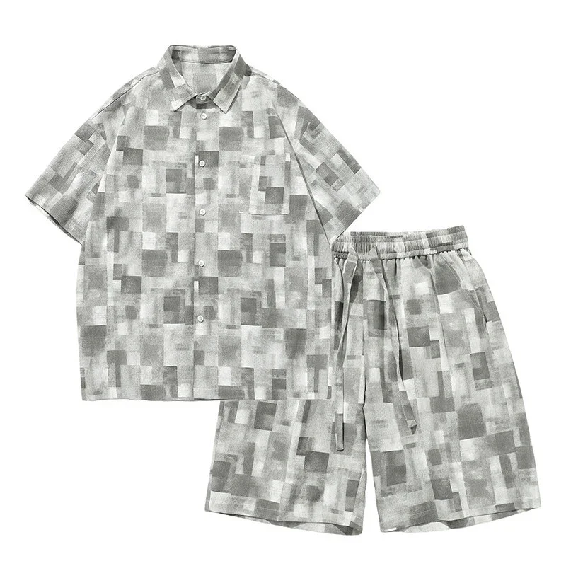 Men's Soft Cotton Plaid Short-Sleeve Shirt Set