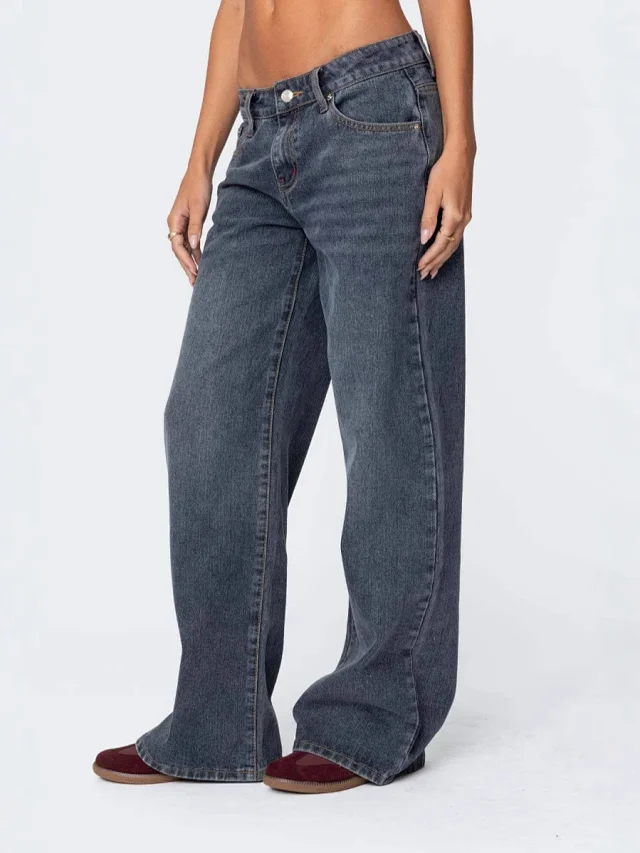 Wide-Leg Low-Waist Retro Denim Pants for Women Detail