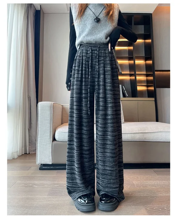 Autumn Winter New Lazy Snowflake Striped High - Waisted Wide - Leg Pants Detail