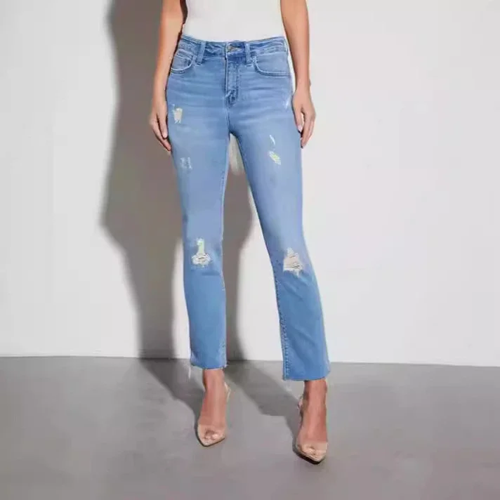 European & American Sourced Women's Spring/Fall Stretch Dark Blue Ripped High-Waist Slim Skinny Jeans (9/10 Length)