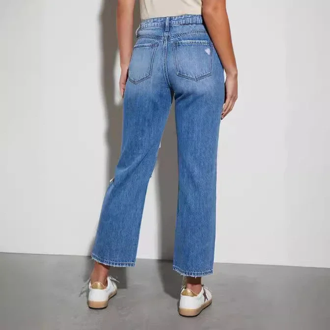 European American Sourced Summer Slim Fit Cotton High - Waist Straight - Leg Cropped Jeans