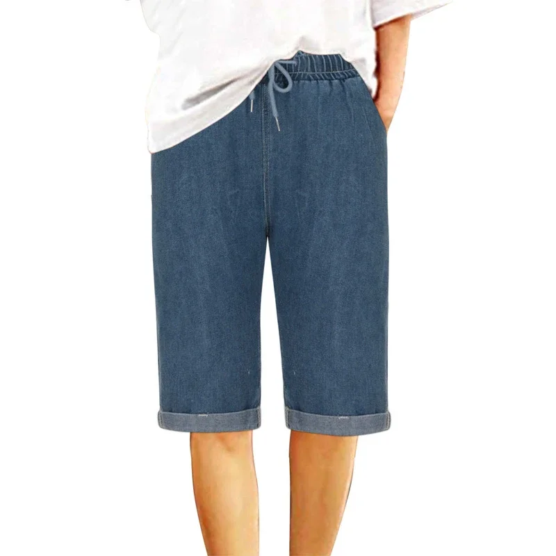 European & American Sourced Women's Loose Straight Cuffed Dark Blue Denim Capris