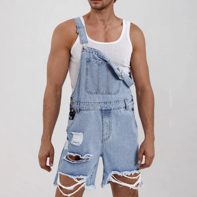 Men's Denim Suspender Shorts with Ripped Design Detail