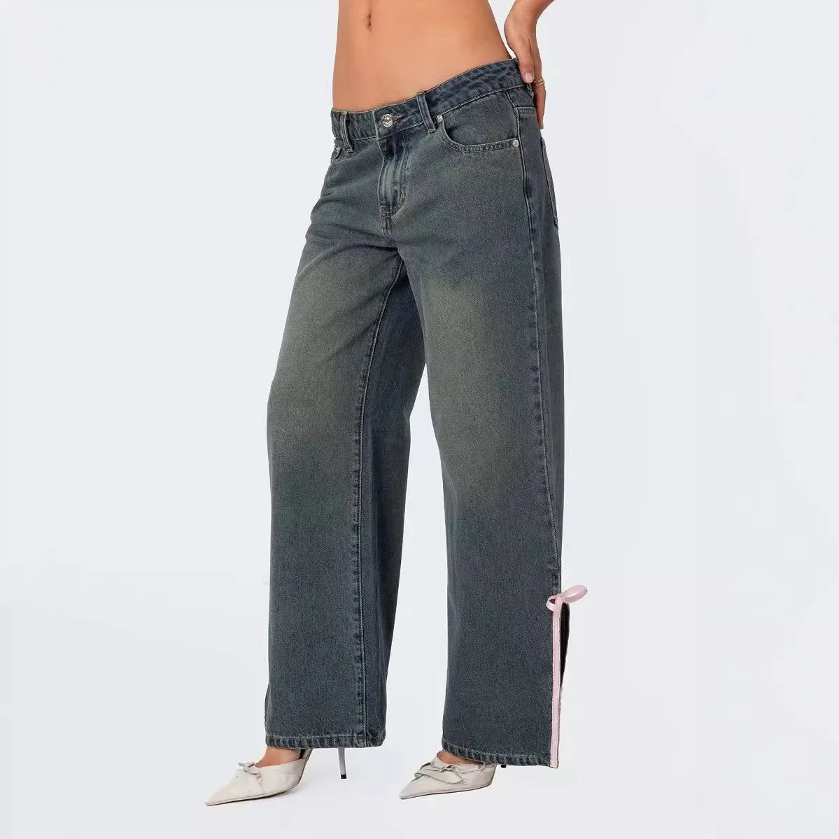 European Fashion New Micro-flared Mid-rise Slim Bow Side Split Jeans