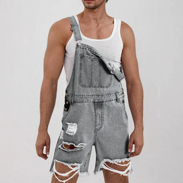 Men's Denim Suspender Shorts with Ripped Design Detail