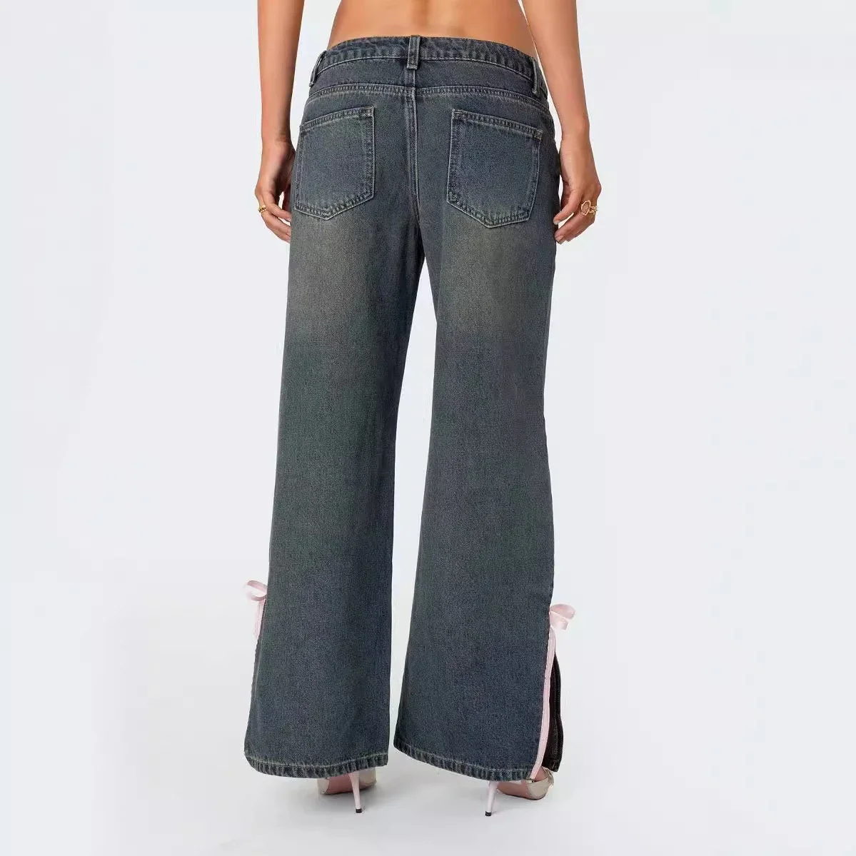 European Fashion New Micro-flared Mid-rise Slim Bow Side Split Jeans